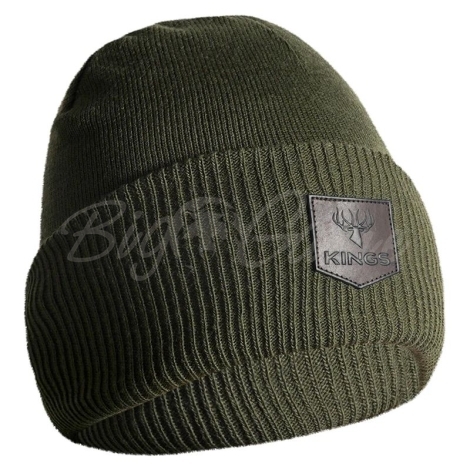 Шапка KING'S Cuffed Basic Beanie w/Leather Patch цвет Olive фото 2